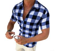 Chemise à carreaux, haut décontracté à manches courtes avec revers à fermeture éclair, coupe régulière pour le printemps, l'été, le quotidien (XL bleu)