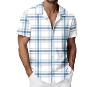 Chemise a Carreaux Homme Manches Courtes, Haut Boutonné à Imprimé Carreaux, Top Col Cubain Ouvert, Motif Tartan et Rayures Croisées | Été Plage Vacances Voyage Bureau Soirée W nd Loisirs