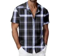 Chemise a Carreaux Homme Manches Courtes, Haut Boutonné à Imprimé Carreaux, Top Col Cubain Ouvert, Motif Tartan et Rayures Croisées | Été Plage Vacances Voyage Bureau Soirée W nd Loisirs