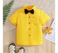 Chemise à col avec nœud papillon en couleur unie à manches courtes pour jeunes garçons. Convient pour les tenues d'été décontractées, les sorties, les mariages, les festivals, l'académie, le style gen