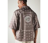 Chemise à col camp en satin avec monogramme AOP, manches courtes, coupe boxy, boutonnée, style Villa Pool Bar Beach Club, pour vacances d'été L,M,S,XL,XSgraphique,Lettres,Tout ImpriméTissu tissé