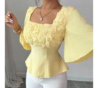 Chemise à col carré jaune crème pour femmes avec appliqué de rose, manches à volants, taille cintrée, convient pour les sorties, les promenades, les festivals de musique et autres occasions L,M,S,XLPl