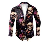 Chemise À Col De Support Bouton d'halloween, Citrouille Motif Drôle Mode Et Confort Hawaii Adulte Tête Monstre Fantôme Funky Fête Boutonnée Crâne Manches Longues Chemises pour Soirée Dansante