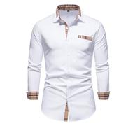 Chemise à contraste intérieur pour homme décontractée formelle à manches longues col à carreaux coupe droite chemise de ville boutonnée, blanc, XL