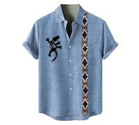 Chemise a Fleur Homme Hawaienne Ete Hippie Carreaux Manche Courte sans Repassage Chemisette Mens Tops Manches Courtes Summer Top Col Mao Annee 80 Henley Lin Hawaïenne Vetement Disco,3-Bleu Ciel,XL