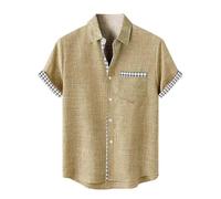 Chemise a Fleur Homme Hawaienne Hawaïenne Chemisette Manche Courte Disco Grande Taille Henley Col Mao Annee 80 Hippie Manches Courtes Lin sans Repassage Summer Top Ete Vetement Carreaux,2-Kaki,5XL