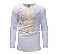 Chemise à Imprimé Africain De Style Ethnique Africain pour Hommes Retro Print Vneck Pullover à Manches Longues Blanc L