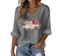 Chemise à manches 3/4 et col en V pour femme - Citrouilles brodées - Manches longues - Extensible - Automne - Halloween, Gris-B., 3XL