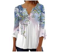 Chemise à manches 3/4 pour femme avec col en V et boutons plissés, style bohème, élégant, vintage, floral, A37 - Bleu clair, Taille L