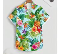 Chemise à manches courtes à coupe régulière pour hommes avec imprimé numérique tout-sur-sur élément de combinaison de plante tropicale d'ananas, style décontracté et mature, idéal pour les vacances. C