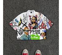 Chemise à manches courtes ample et décontractée avec imprimé Mona Lisa / Van Gogh / Fille à la perle d'oreille, style graffiti de rue unisexe. Chemise oversize avec graphique imprimé dans le style de