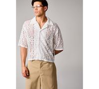 Chemise à manches courtes avec boutons et col camp, en dentelle blanche avec un motif cachemire complexe, idéale pour les vacances d'été L,M,S,XL,XSCoutume populaireTissu tricoté