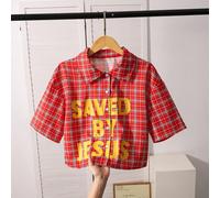 Chemise à manches courtes avec imprimé lettres à carreaux noir et blanc, épaules tombantes pour adolescentes. Cardigan court pour enfants, col chemise, épaules tombantes, décolleté dégagé. Top à manch