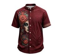 Chemise à manches courtes boutonnée sur le devant pour homme avec imprimé | Coupe classique en polyester, avec un col montant, un bouton sur le devant et un superbe design floral et portrait vertical