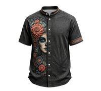 Chemise à manches courtes boutonnée sur le devant pour homme avec imprimé | Coupe classique en polyester, avec un col montant, un bouton sur le devant et un superbe design floral et portrait vertical