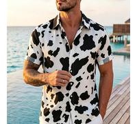 Chemise à manches courtes col V, style américain rétro décontracté d'été, style mignon et doux, style minimaliste, style coréen décontracté, imprimé vache, contraste noir et blanc. Convient pour la ma