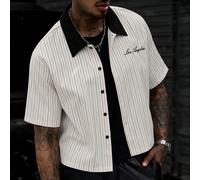 Chemise à manches courtes confortable pour hommes avec motif jacquard à rayures verticales, avec un design élégant de lettres brodées. Convient pour les occasions décontractées, les vacances, les sort