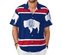 Chemise à manches courtes drapeau de l'État du Wyoming - Haut d'été décontracté boutonné, Noir/blanc, Large-8X-Large