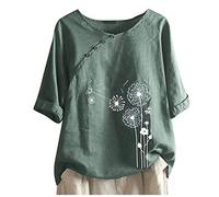 Chemise À Manches Courtes en Lin pour Femme Pissenlit Imprimé Décontractée,Chemise Femme Col Rond Hauts D'Été Grande Taille,T-Shirt Boutons Respirant,Tee Shirt Lin Tunique Confortable Pas Cher
