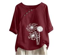 Chemise À Manches Courtes en Lin pour Femme Pissenlit Imprimé Décontractée,Chemise Femme Col Rond Hauts D'Été Grande Taille,T-Shirt Boutons Respirant,Tee Shirt Lin Tunique Confortable Pas Cher