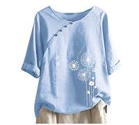 Chemise À Manches Courtes en Lin pour Femme Pissenlit Imprimé Décontractée,Chemise Femme Col Rond Hauts D'Été Grande Taille,T-Shirt Boutons Respirant,Tee Shirt Lin Tunique Confortable Pas Cher