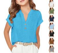 Chemise à manches courtes en lin pour filles avec boutons froncés confortables et col en V - T-shirt décontracté pour enfants - Tunique légère et douce à manches courtes, bleu ciel, 12-13 ans