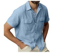 Chemise à manches courtes en lin pour homme - Col cubain - Manches courtes - Couleur unie - Avec poches - Chemise d'été décontractée pour homme - Chemise cargo avec boutonnière, X2 bleu clair, XL