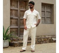 Chemise à manches courtes en tissu de couleur unie avec deux poches et pantalon à taille élastique avec cordon de serrage, convenant aux hommes pour les vacances décontractées, les sorties entre amis,