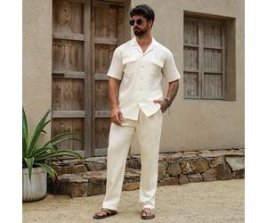 Chemise à manches courtes en tissu de couleur unie avec deux poches et pantalon à taille élastique avec cordon de serrage, convenant aux hommes pour les vacances décontractées, les sorties entre amis,