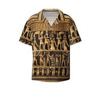 Chemise à manches courtes et col cubain imprimé hiéroglyphes égyptiens, mélange de chemises décontractées et de plage pour homme, Noir , M