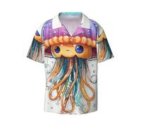 Chemise à manches courtes et col cubain imprimé méduses colorées, mélange de chemises décontractées et de plage pour homme, Noir , 3XL