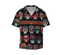 Chemise à manches courtes et col cubain imprimé tête de mort mexicaine, mélange de chemises décontractées et de plage pour homme, Noir , M