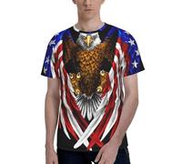 Chemise à manches courtes et col rond avec motif drapeau des États-Unis, motif aigle patriotique, doux et extensible, pour tous les jours, imprimé complet, Noir , XL