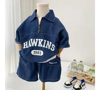 Chemise à manches courtes et short en jean pour garçon, 2 pièces, tenue d'été en coton imbibé pour bébé, vêtements College, mode coréenne, nouvelle collection 2025 Bleu