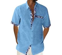 Chemise à Manches Courtes Homme, Chemise à Revers Rétro en Coton et Lin, Mode Décontractée Chemise Imprimée Printemps ete Chemise Coupe Régulière Chemises Hommes Grande Taille