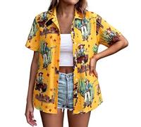 Chemise à manches courtes pour femme de style western - Chemisier décontracté avec imprimé cowgirl et cactus - Chemise d'été colorée pour un look rétro, Style_v01 Jaune, XL