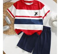 Chemise à manches courtes pour garçons avec imprimé minimaliste classique de rayures et de silhouette de chevalier à cheval, convenant pour l'été, les vacances, la fête nationale, les sorties 6Y,7Y,8Y