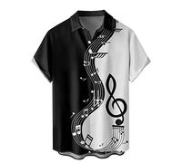Chemise à manches courtes pour homme avec imprimé patchwork musical | Col rabattable à revers, haut décontracté en coton épais, Noir , XL