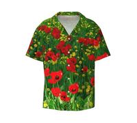 Chemise à manches courtes pour homme avec imprimé paysage de ferme et coquelicot rouge, Noir , XL