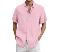 Chemise à manches courtes pour homme - Décontractée d'été, coupe droite - Lin mixte bambou, haut à manches courtes prêt pour les vacances et la plage', rose, 5XL