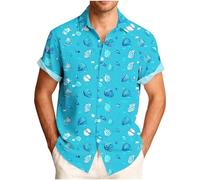 Chemise à manches courtes pour homme, décontractée, légère, boutonnée, col rabattable, intelligente, respirante, ample, confortable, pour l'été, la plage, les vacances en plein air, 56 Bleu ciel, L