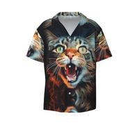 Chemise à manches courtes pour homme Motif chat bouche ouverte, noir, XX-Large