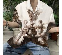 Chemise à manches courtes pour hommes avec imprimé col Mao, motif Renaissance coloré. Pour les vacances, le père et moi L,M,S,XL,XXLPortrait,Tie dye,Plantes,Tout ImpriméPolyester