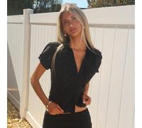 Chemise à manches courtes près du corps pour femmes avec col en V plissé et décolleté révélateur (envisager une taille supérieure pour les grandes tailles), mode et polyvalente pour le bureau, hauts à