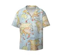 Chemise à manches courtes style hawaïen carte du monde vintage - Chemise boutonnée pour homme, douce et respirante, manches courtes, Noir , M