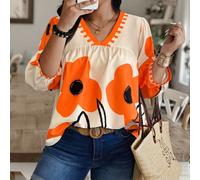 Chemise à manches lanternes avec imprimé floral aléatoire, grande taille, automne 0XL,1XL,2XL,3XL,4XLPlantesTissu tissé