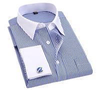 Chemise à manches longues à carreaux pour homme, boutons de manchette français, robe décontractée, chemises, col blanc à design rayé, chemise de smoking pour mariage, bleu à rayures, Asian size L