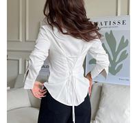 Chemise à manches longues ajustée pour femmes, style vintage décontracté, avec véritable motif de nœud noir brodé, boutons devant et lien à la taille. Polyvalente pour l'automne/l'hiver L,M,S,XL,XSTou