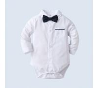 Chemise à manches longues avec col cranté et nœud papillon pour bébés garçons, tenue de gentleman mignonne pour le quotidien et les jours fériés 6-9M,9-12M,12-18M,18-24M,2-3Y,3-6MUnicoloreÉtoffe