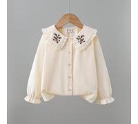 Chemise à manches longues avec col Peter Pan à broderie florale pour jeune fille, idéale pour la rentrée scolaire 6Y,7Y,4Y,5Y,2-3YPlantesÉtoffe